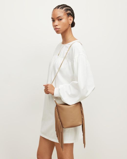 AllSaints White Evaline Fringe Leather Crossbody Bag