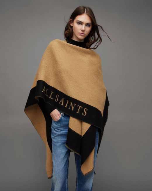 AllSaints Multicolor Saints Border Logo Wool Ruana Scarf,