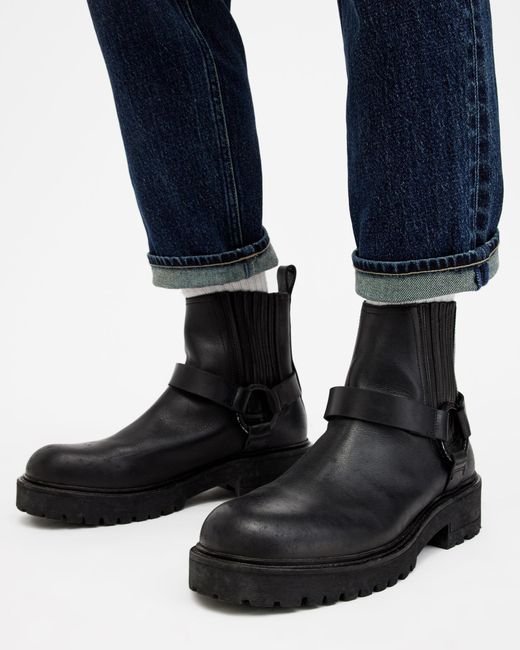 AllSaints Black Hank Leather Biker Boots for men