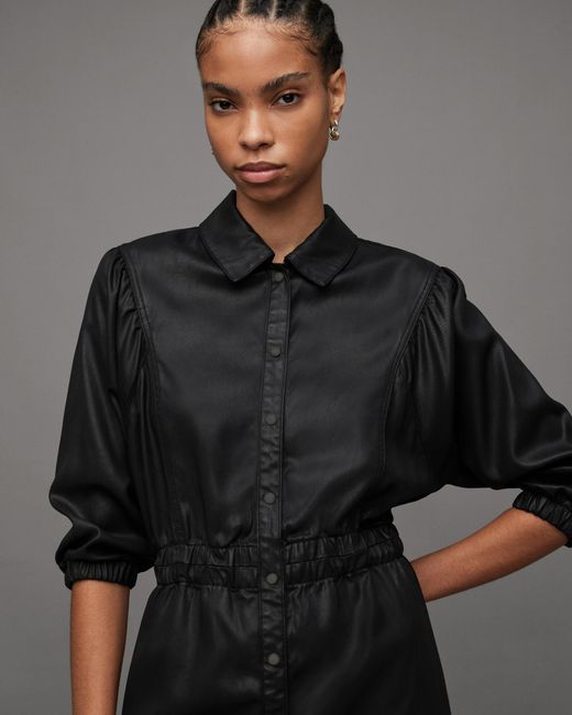 AllSaints Osa Coated Denim Midi Shirt Dress in Black Lyst