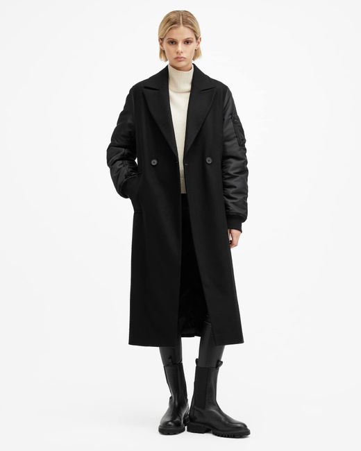 AllSaints Black Paulah Wool Blend Double Breasted Coat