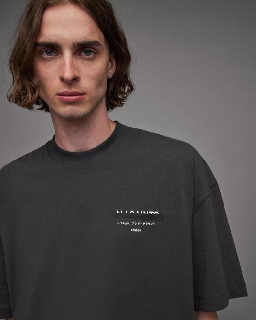 AllSaints Gray Redact Oversized Embroidered Logo T-shirt, for men