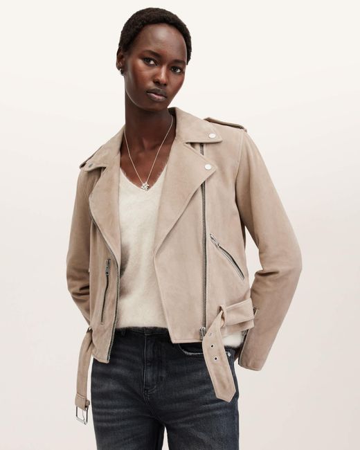 AllSaints Natural Balfern Belted Suede Biker Jacket
