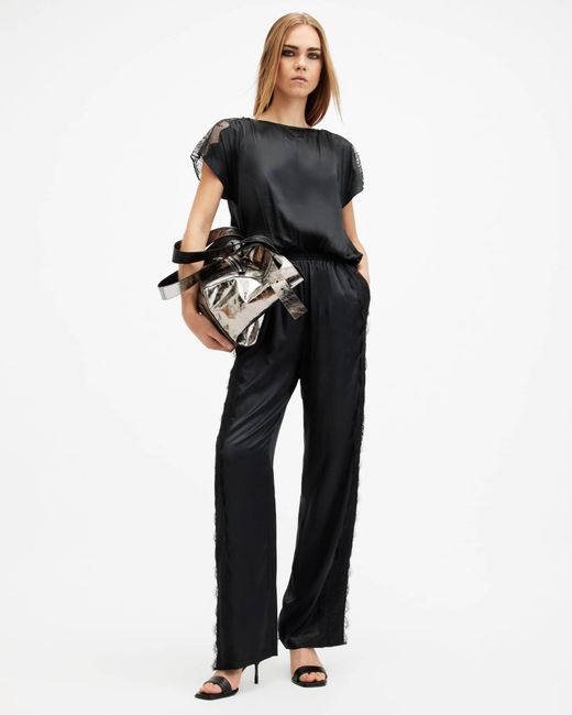 AllSaints Black Viscose/Silk Mari Silk Blend Lace Trim Jumpsuit, /Us 2