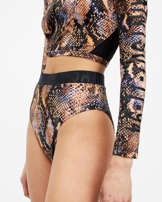 AllSaints Black Dara Snake Print Logo Bikini Bottoms,