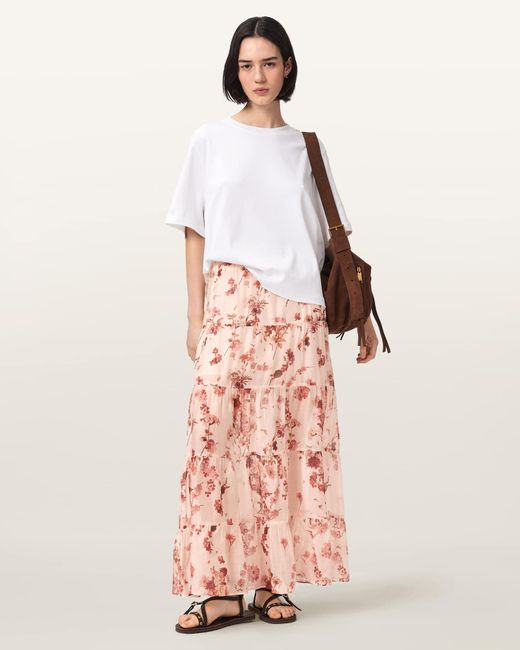 AllSaints Pink Evia Tiered Floral Maxi Skirt