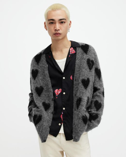 AllSaints Black Amore Heart Motif Relaxed Fit Cardigan for men