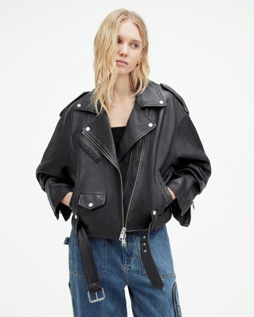 AllSaints Black Dayle Oversized Leather Biker Jacket