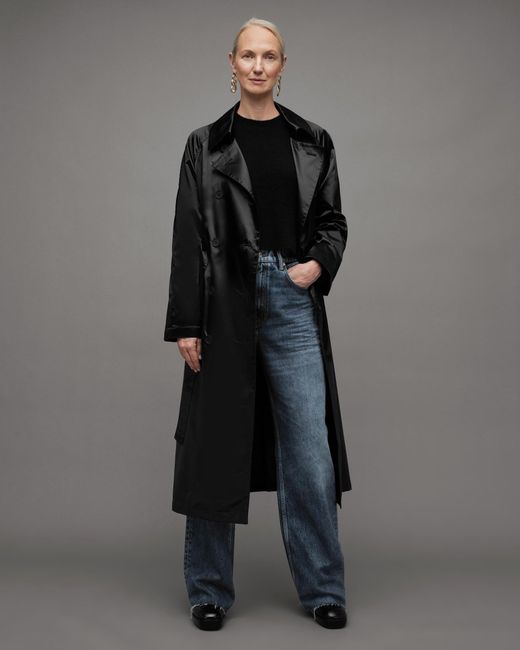 AllSaints Black Elltee Shiny Toni Belted Trench Coat