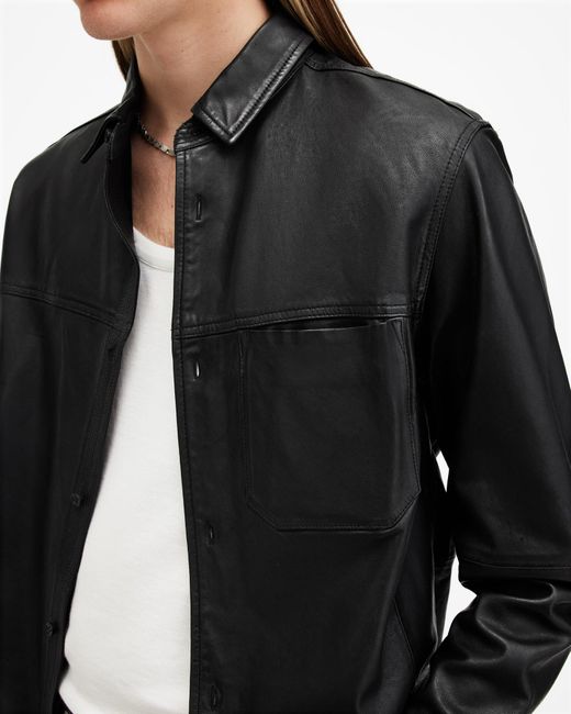 AllSaints Black Compass Relaxed Fit Leather Shirt for men