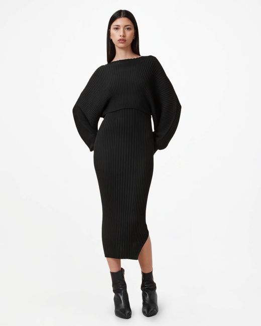 AllSaints Black Minori 2-In-1 Ribbed Midi Dress