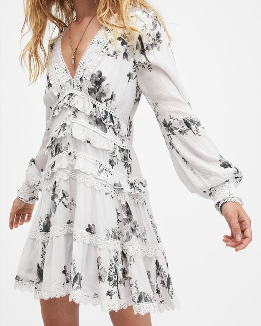AllSaints White Zora Ruffle Iona Floral Print Mini Dress,