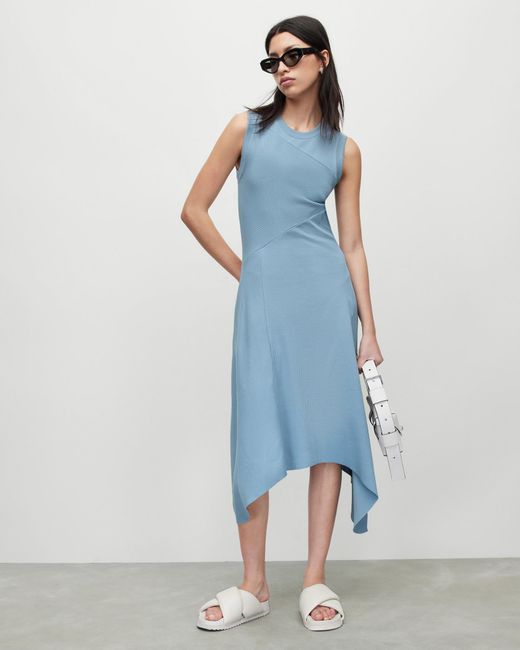 AllSaints Blue Gia Asymmetrical Ribbed Midi Dress