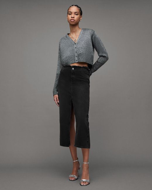 AllSaints Gray Cyra Frayed Waistband Maxi Denim Skirt,