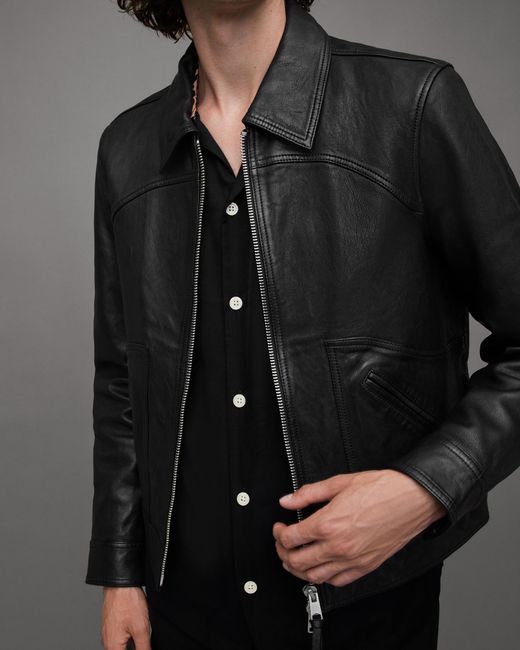 AllSaints Jun Boxy Cropped Leather Jacket in Grey for Men | Lyst UK
