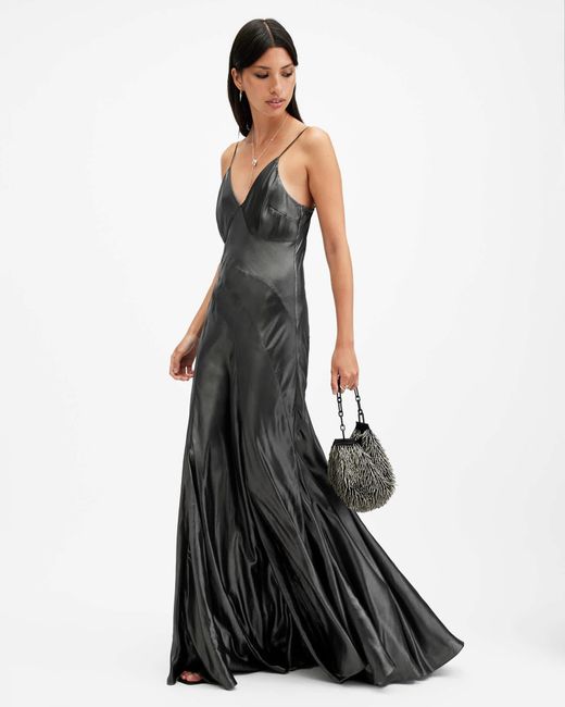 AllSaints White Lili Metallic Panelled Maxi Dress,, Metallic