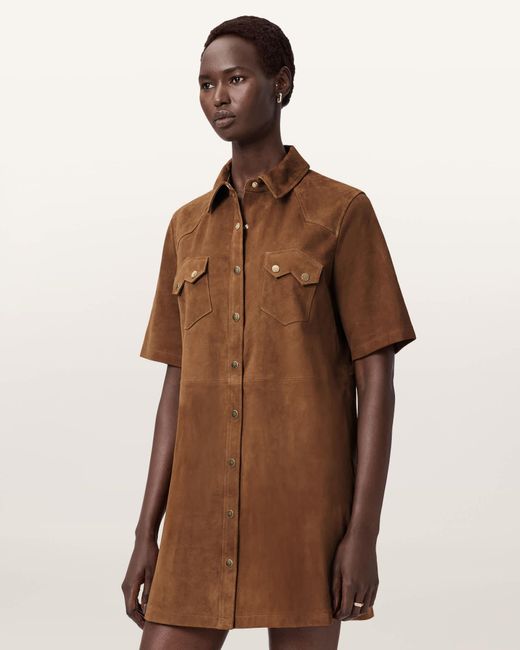 AllSaints Brown Rock Suede Mini Shirt Dress