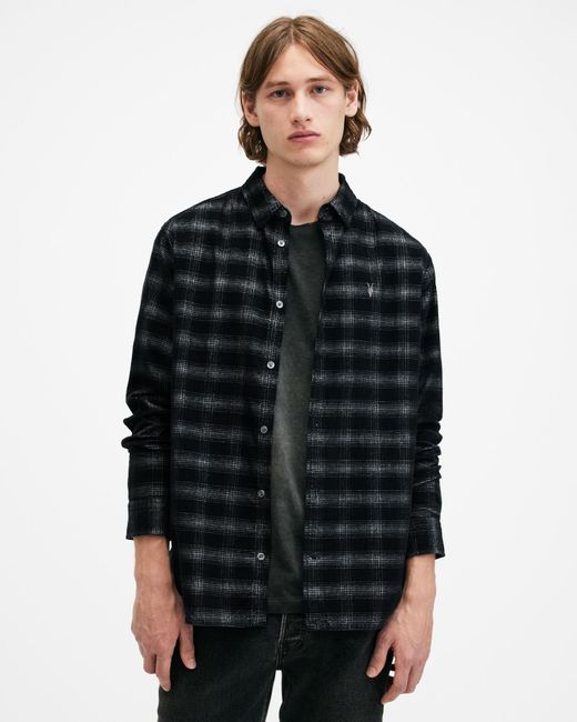 AllSaints Black Kink Corduroy Checked Relaxed Fit Shirt for men