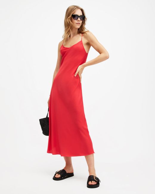 AllSaints Red Bryony V-neck Midi Slip Dress,