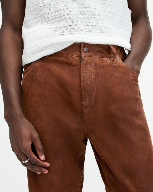 AllSaints Brown Lynch Straight Fit Leather Trousers for men