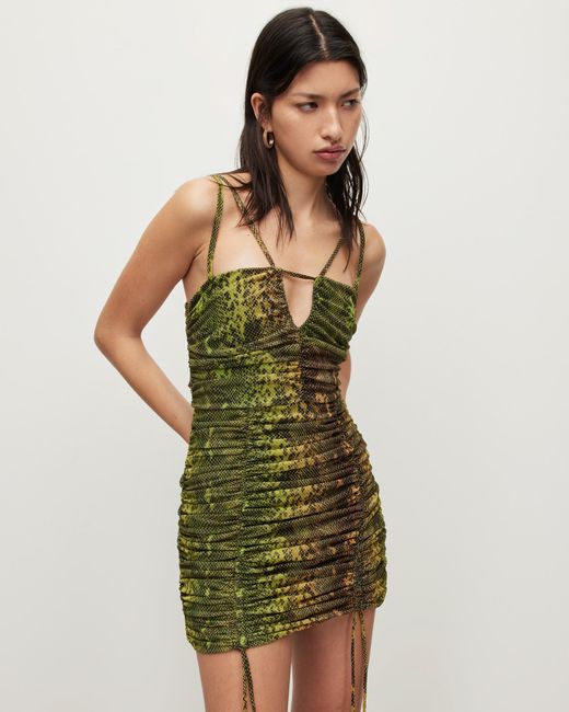 AllSaints Green Gloria Ramona Snake Print Mini Dress,