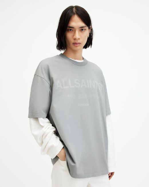 AllSaints Gray Laser Crew Neck Logo Oversized T-shirt for men
