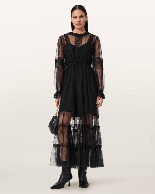 AllSaints Black Polyester Nita Mesh Maxi Dress, /Us 2