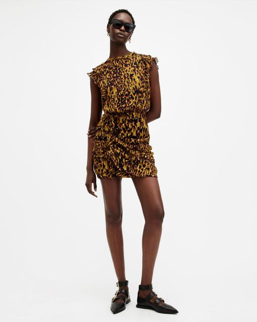 AllSaints Brown Hali Animal Print Ruffle Mini Dress