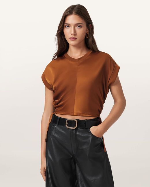 AllSaints Black Mira Cropped Satin Drawcord T-Shirt