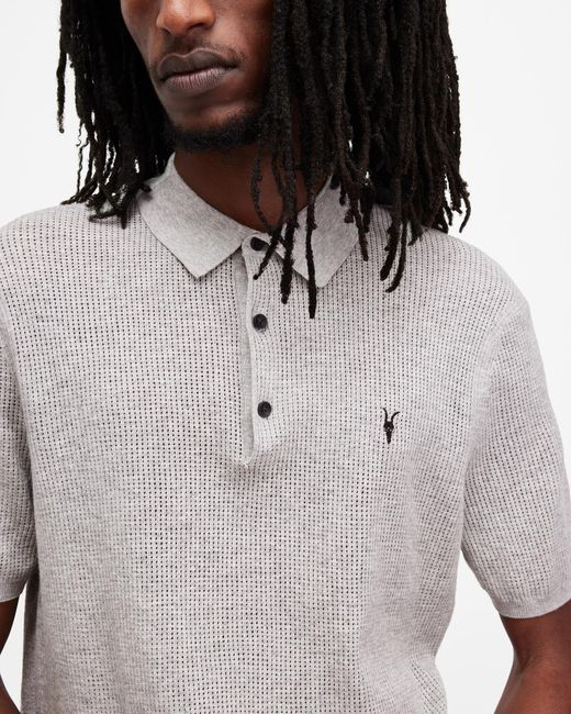 AllSaints Gray Aubrey Ramskull Short Sleeve Polo Shirt for men