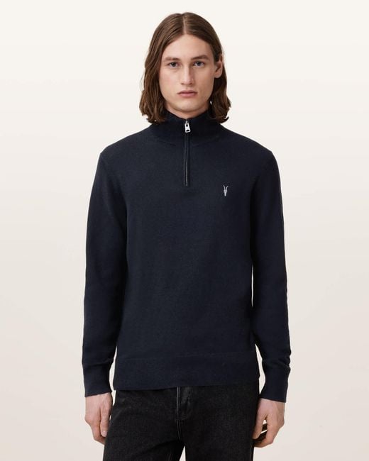 AllSaints Blue Kilburn Zip Funnel Neck Ramskull Jumper,, Smith for men