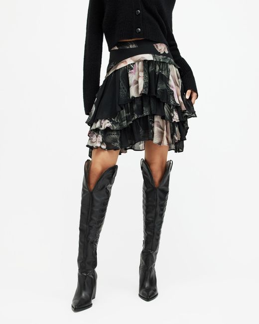 AllSaints Black Cavrly Floral Valley Ruffled Mini Skirt,