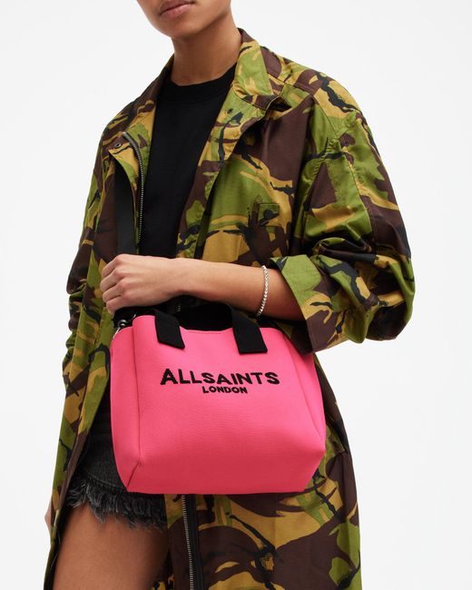 AllSaints Pink Izzy Logo Print Knitted Mini Tote Bag