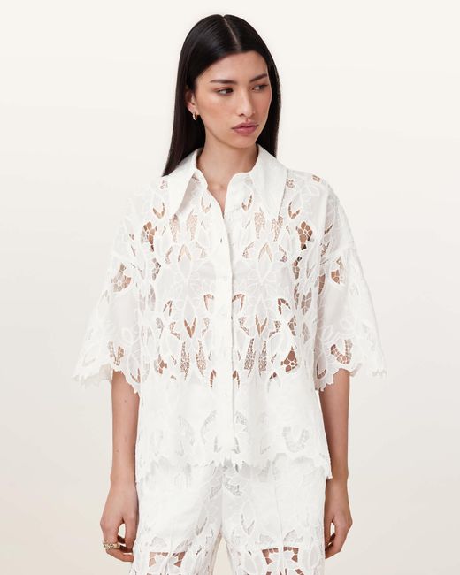 AllSaints White Charli Relaxed Fit Embroidered Shirt