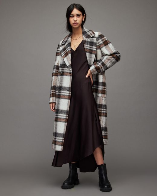 AllSaints Gray Esme Relaxed Checked Coat