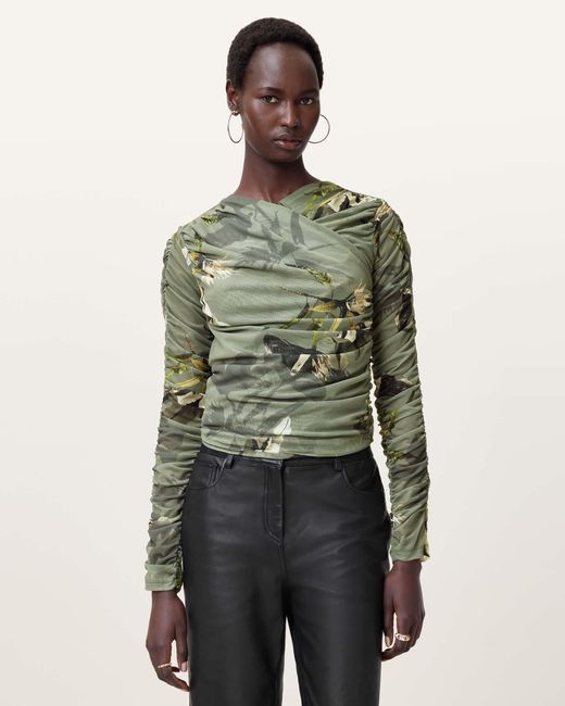 AllSaints Green Hanako Print Mesh Wrap Top