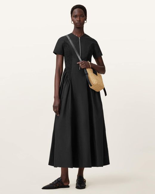 AllSaints Black Cotton Sheena Cotton Midi Dress, /Us 4