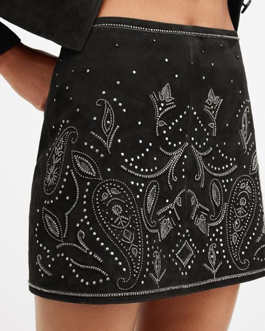 AllSaints Black Shai Embellished Suede Mini Skirt,