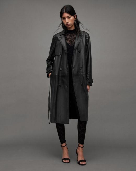 AllSaints Gray Okena Double Breasted Leather Trench Coat