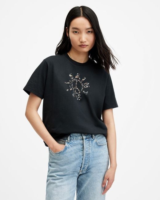 AllSaints Black Pierra Floral Logo Oversized T-shirt,