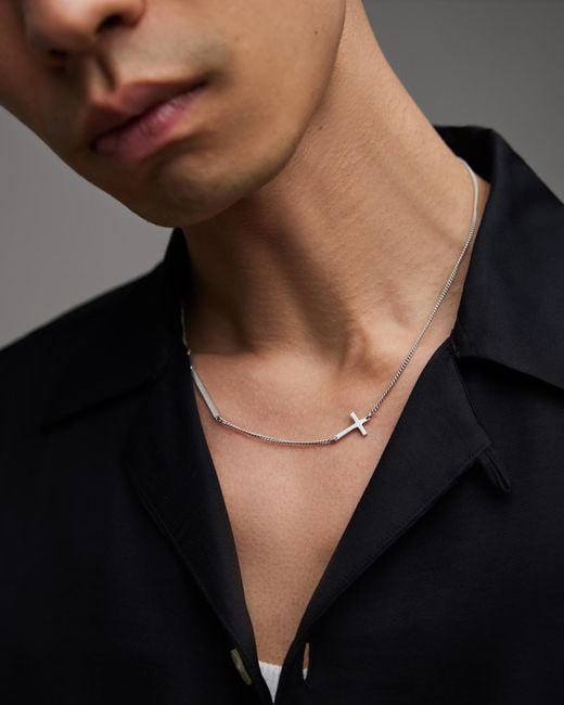AllSaints Black Cross Bar Sterling Silver Necklace for men