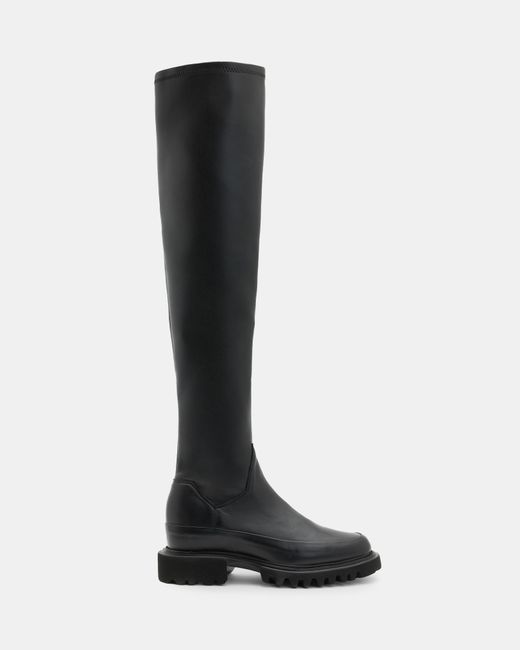 AllSaints Black Leona Over The Knee Leather Boots