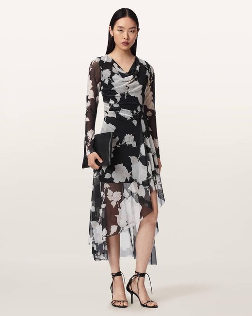 AllSaints Natural Polyester Loria Draped Mesh Midi Dress, /Us 10