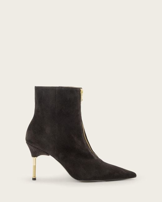 AllSaints Black Cow Suede Natasha Pointed Zip Up Suede Boots, /Us 6/Eu 36