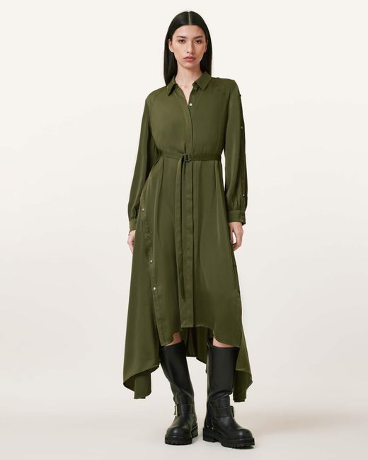 AllSaints Green Lexi Satin Midi Dress