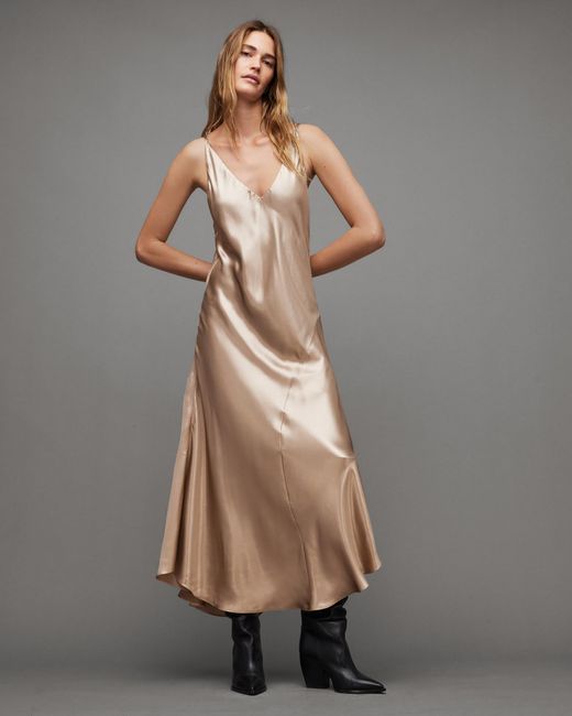 Cowl Neck Metallic Foiled Maxi Slip Dress