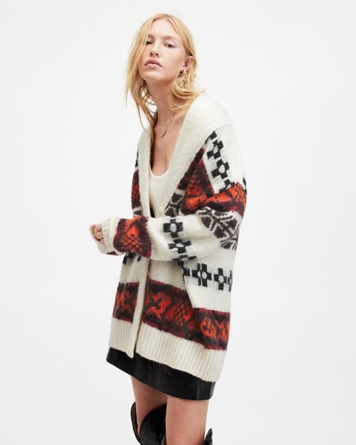 AllSaints White Billy Fair Isle Chunky Relaxed Cardigan
