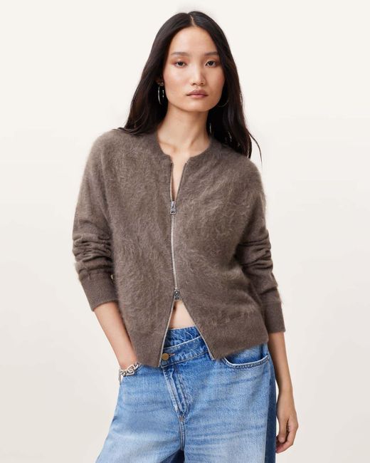 AllSaints Brown Rebel Zip Up Cashmere Cardigan