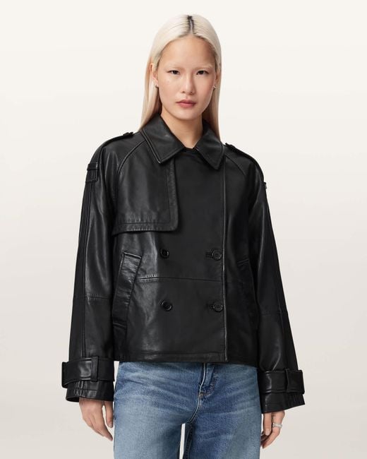 AllSaints Black Reya Cropped Leather Mac