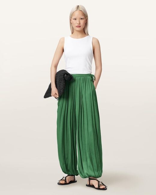 AllSaints Green Eshe Baggy Fit Satin Pants